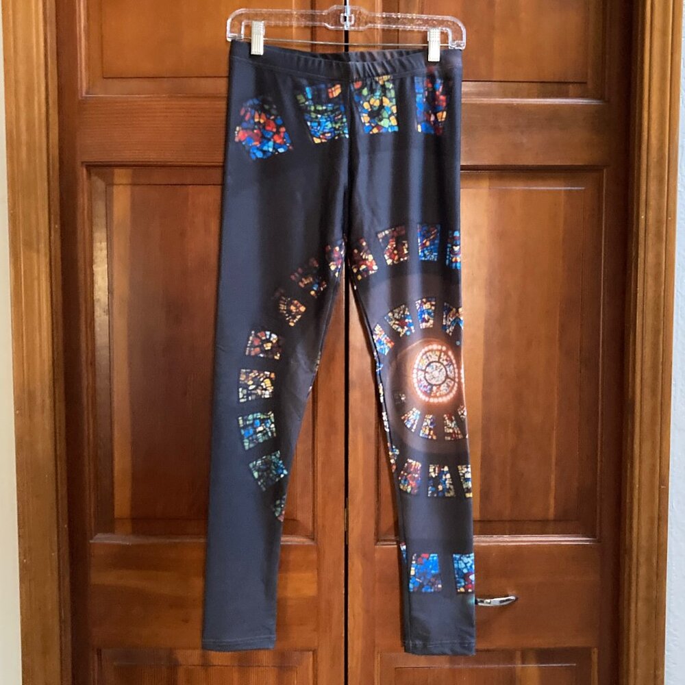 Black Leggings with Multi Colored Stained Glass Pattern - Large - New - No Tags